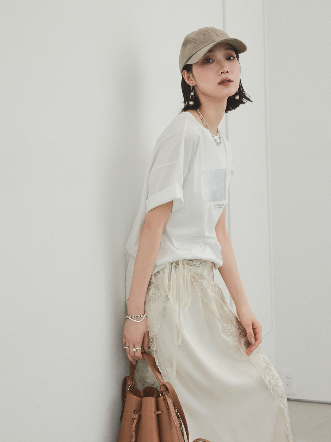 [SET]箔プリントドライタッチコットンTEE +チュールジャガードラップロングスカート(2set)