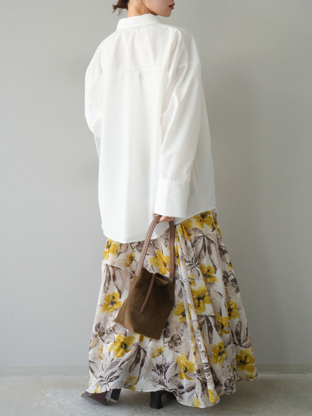 [予約]フラワープリントボリュームフレアスカート/イエロー