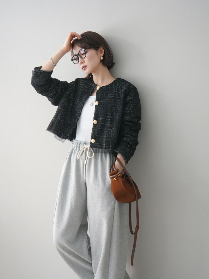 [予約]チュールレイヤードツイードクロップドジャケット/black