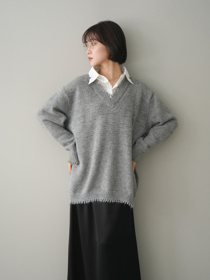 [予約]シャツドッキングVネックフリンジニットプルオーバー/gray