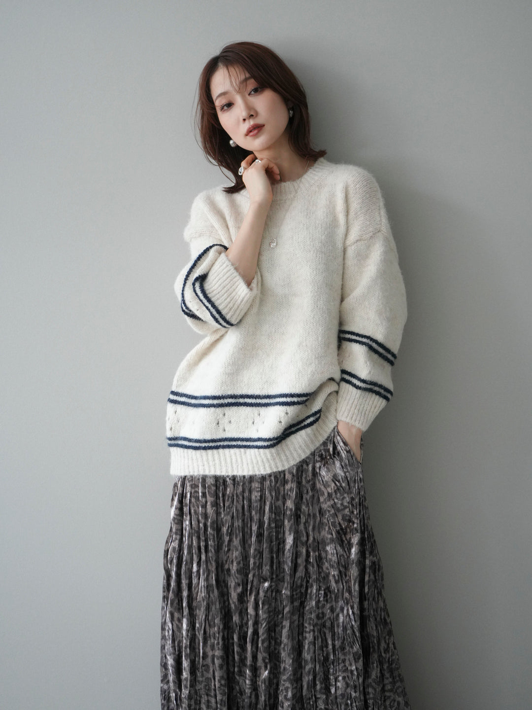 [予約]クルーネックラインボーダーニットプルオーバー/white