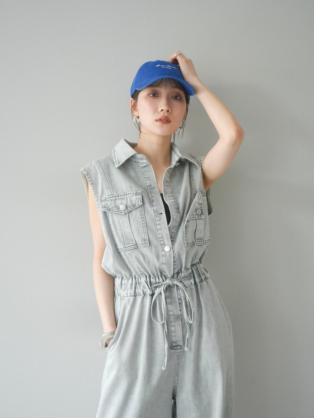 [予約]ポケットデザインデニムオールインワン/グレー