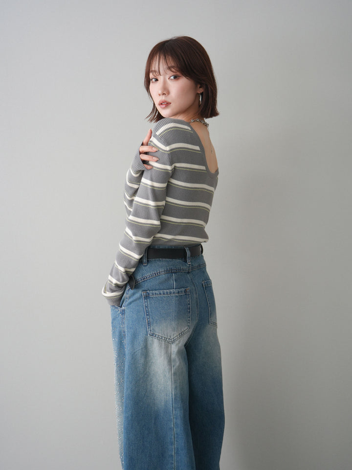 [予約]バックオープンテレコリブマルチボーダートップス/gray