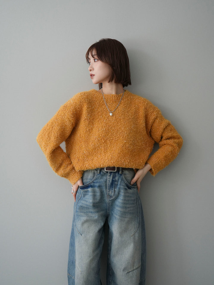 [SET]モールラメミックスヤーンニットプルオーバー+ベルト付カーブデニムパンツ(2set)