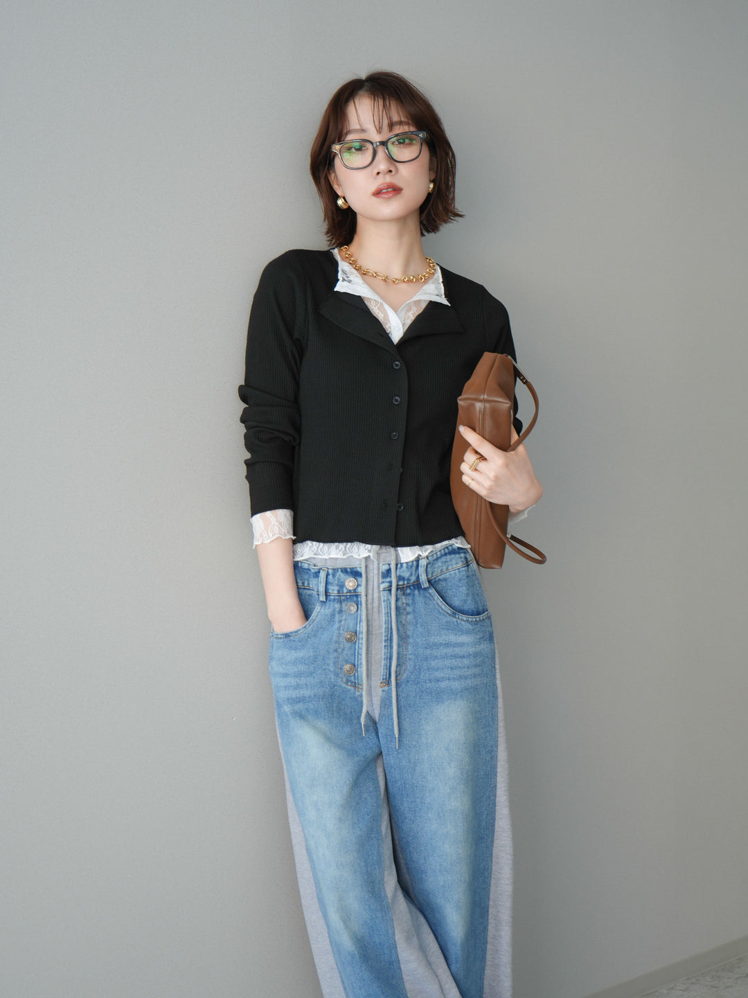 [SET]レースドッキングテレコリブカーディガン+選べるアクセセット(2set)