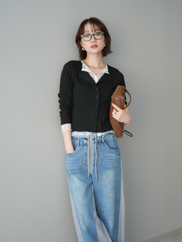 [SET]レースドッキングテレコリブカーディガン+選べるアクセセット(2set)