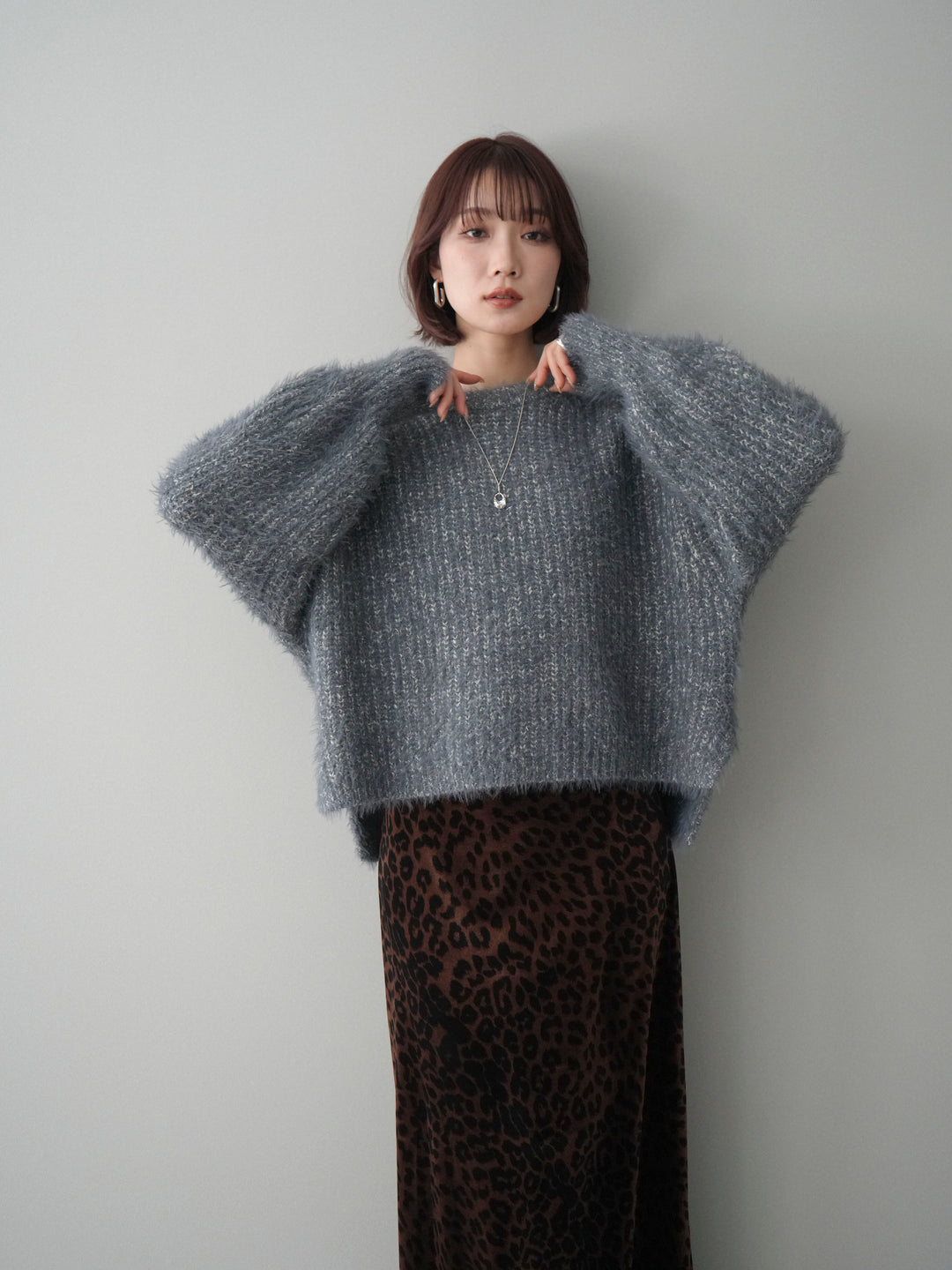 [予約]ボリュームスリーブシャギー MIXニットプルオーバー/charcoal