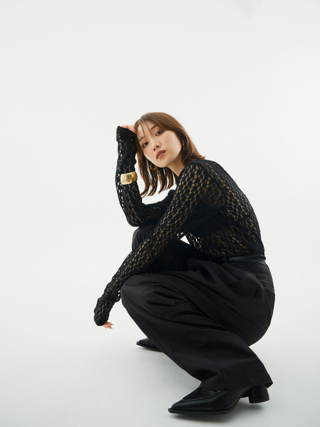 【Allure】[SET]バックラウンドレーストップス+タフタワイドカーブパンツ(2set)