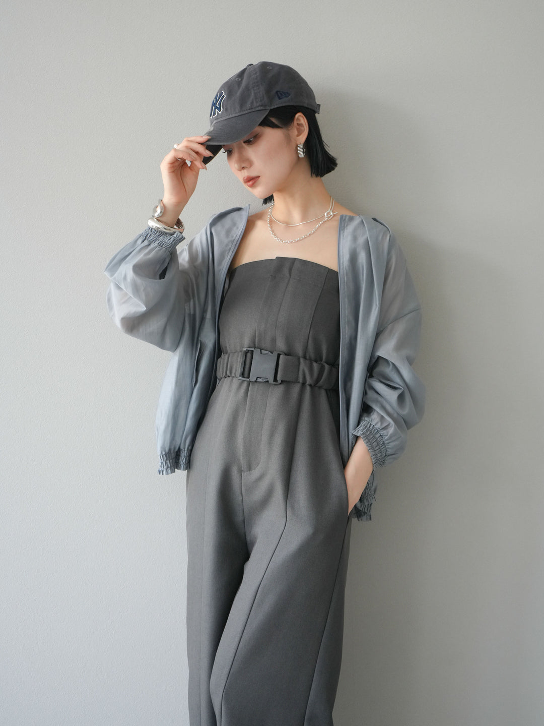 [SET]タックデザインシアーブルゾン+ヘザーツイルベルト付ベアサロペット(2set)