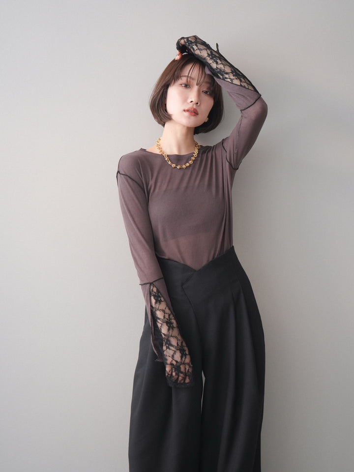 [予約]袖レースレイヤードデザインメロートップス/brown