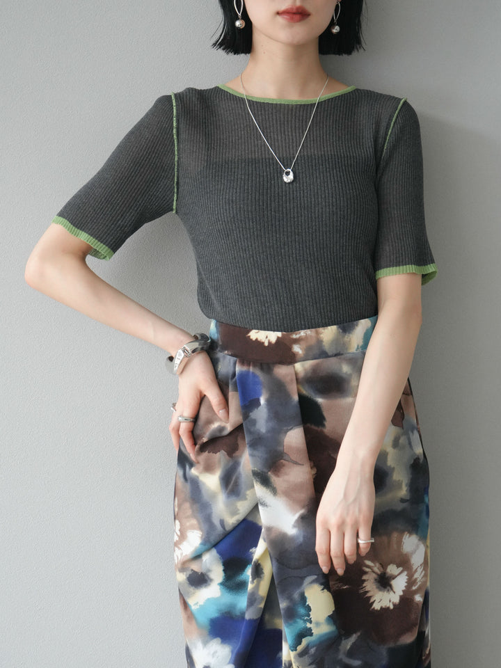 [予約]麻タッチ配色ニットハーフスリーブトップス/チャコール