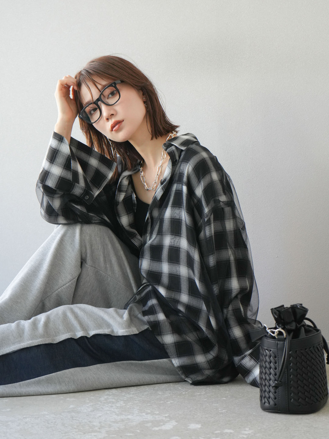 [套裝] 薄紗對接格紋寬鬆襯衫 + 牛仔布 Switch 2-Way 設計運動褲 (2 套)