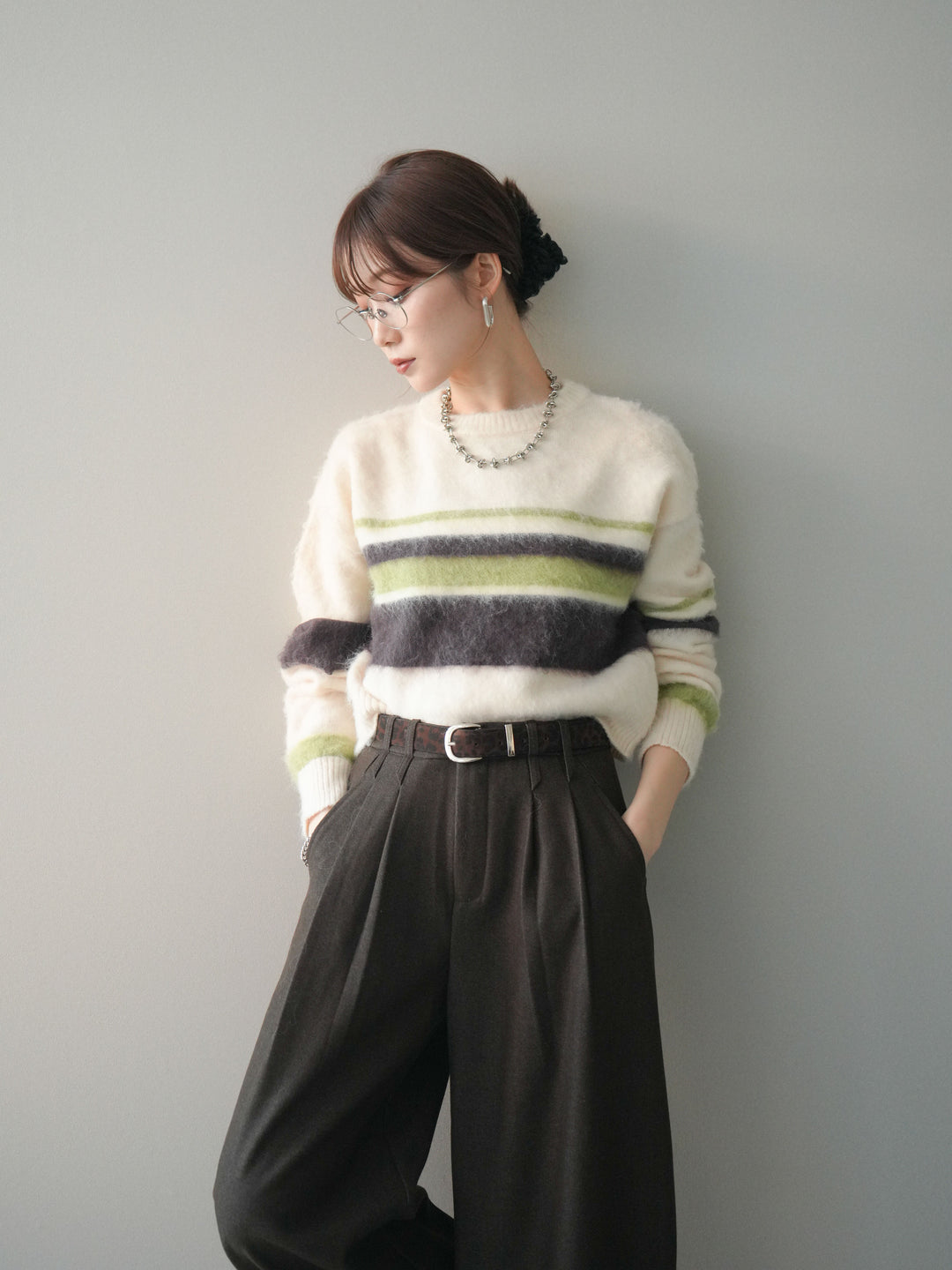 [SET]ソフトタッチボーダークロップドニットプルオーバー+選べるアクセセット(2set)