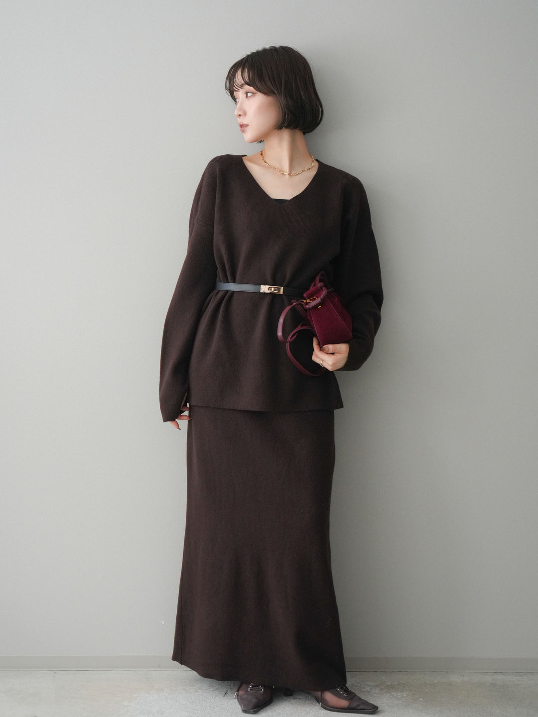 [SET]ベルト付Vネックニット＆スカートSET UP+ベルト付Vネックニット＆スカートSET UP(2set)