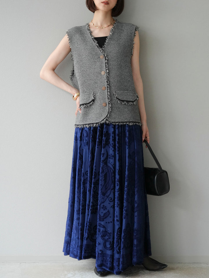 [予約]ツイードライクフリンジニットベスト/ブラック