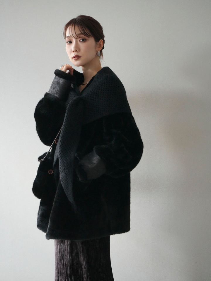 [予約]バッグ付エコファーノーカラーコート/black