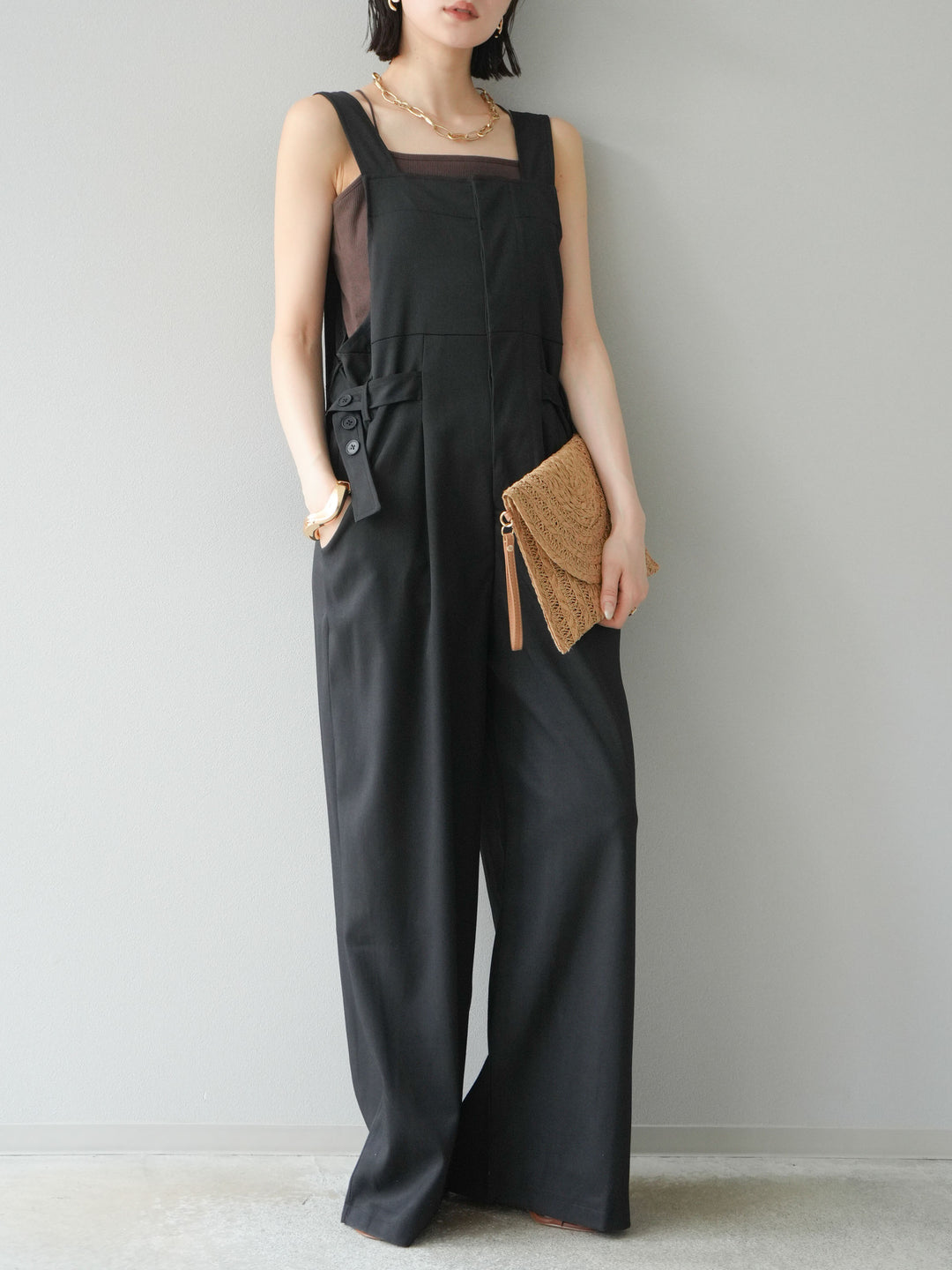 【預購】皮帶設計工裝褲/黑色