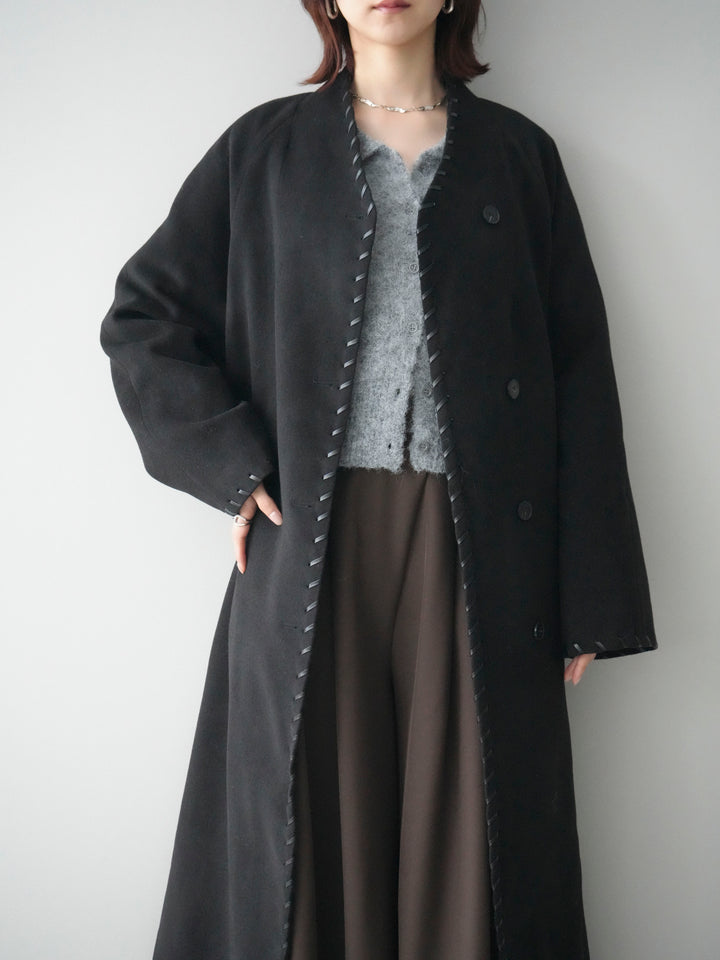 [SET]ハンドステッチ裏中綿ロングコート+モヘア衿付きボタンプルオーバー+テープベルトタックバギーパンツ(3set)