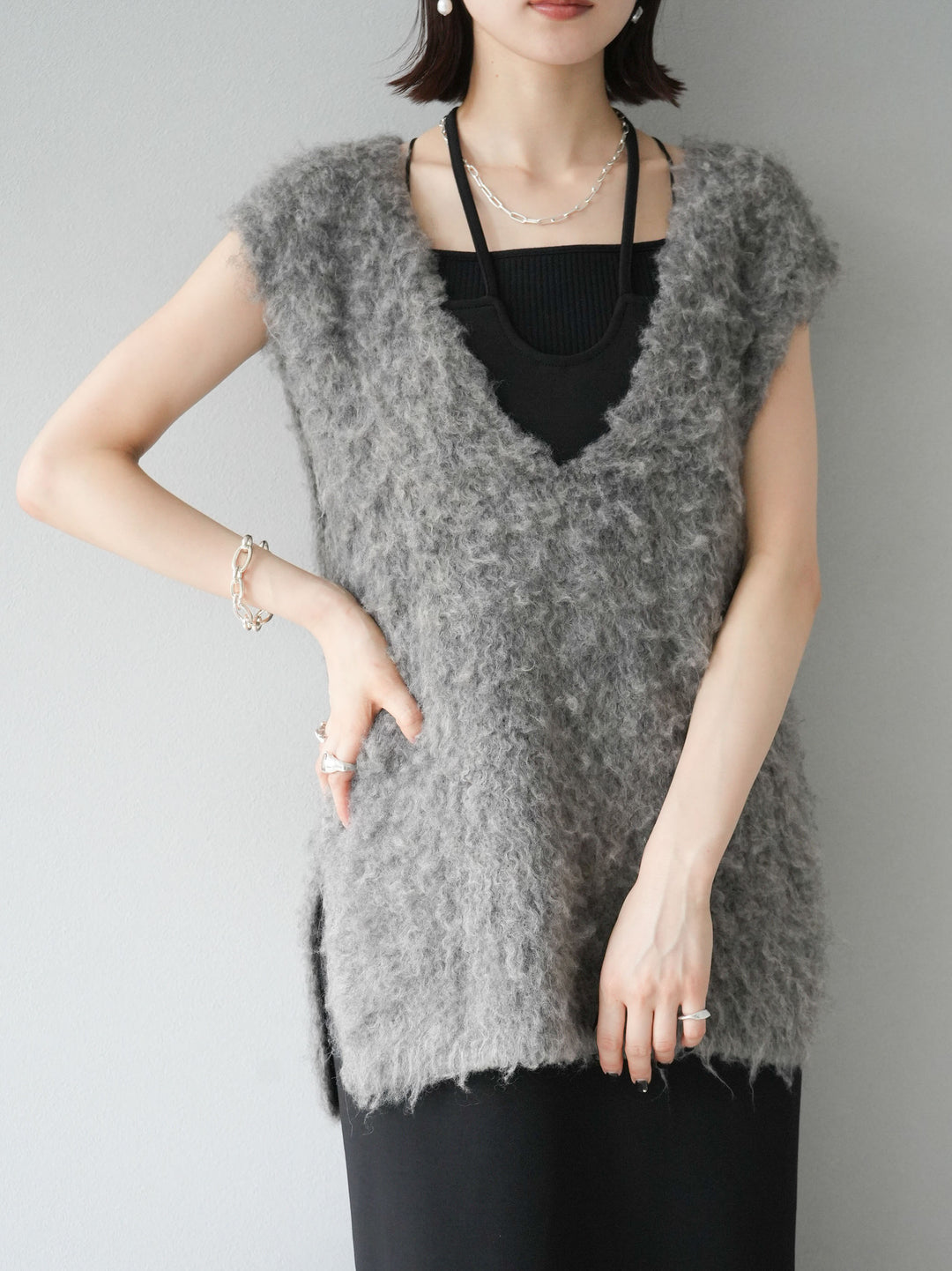 [予約]ウール混ミックスヤーンニットベスト/モカ