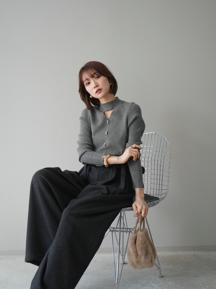 [予約]チョーカーデザインボタンリブニットトップス/gray