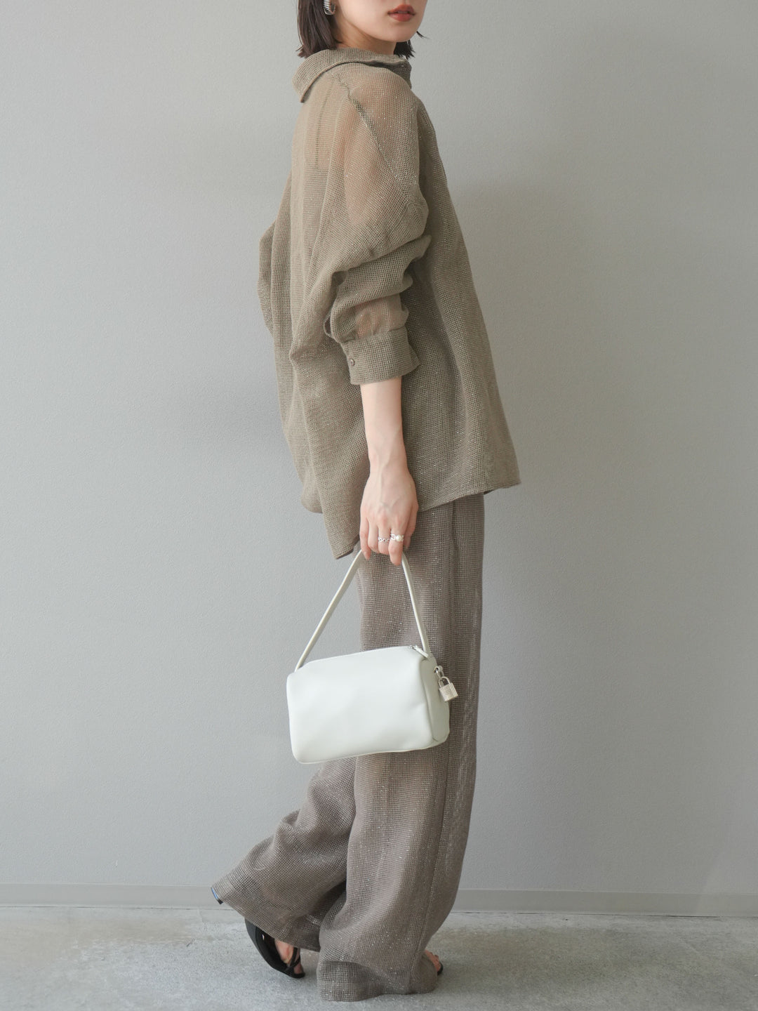 [預購] 棉金銀絲網眼休閒褲/米色