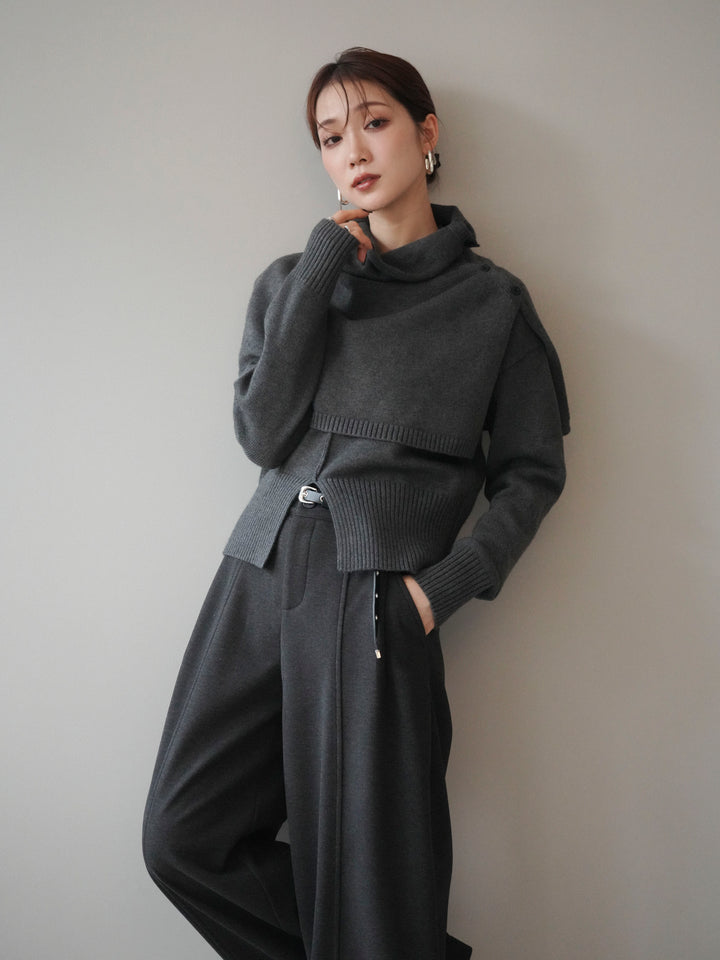 [予約]フロントスリットネックアンサンブルニット/charcoal