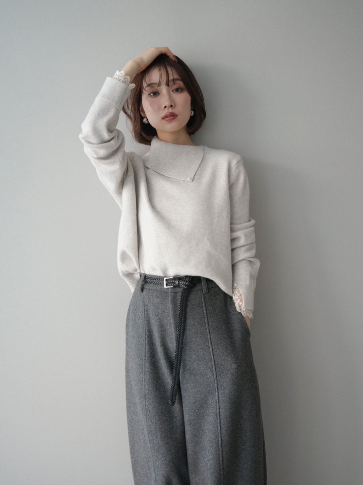 [SET]袖レースパール付き配色ニットトップス+ウールタッチカーブパンツ(2set)