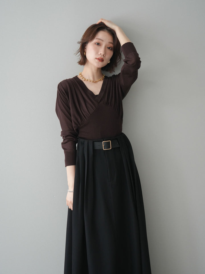 [予約]サイドギャザーVネックニットプルオーバー/brown