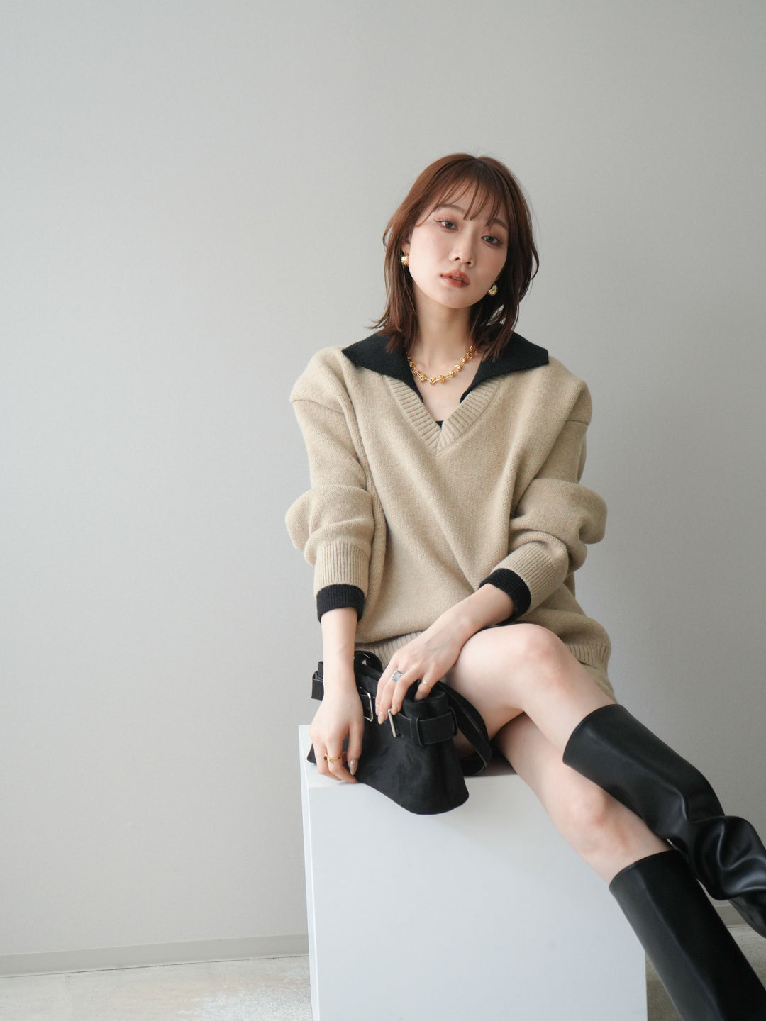 [SET]配色襟ニット＆ミニスカートSET UP(2set)