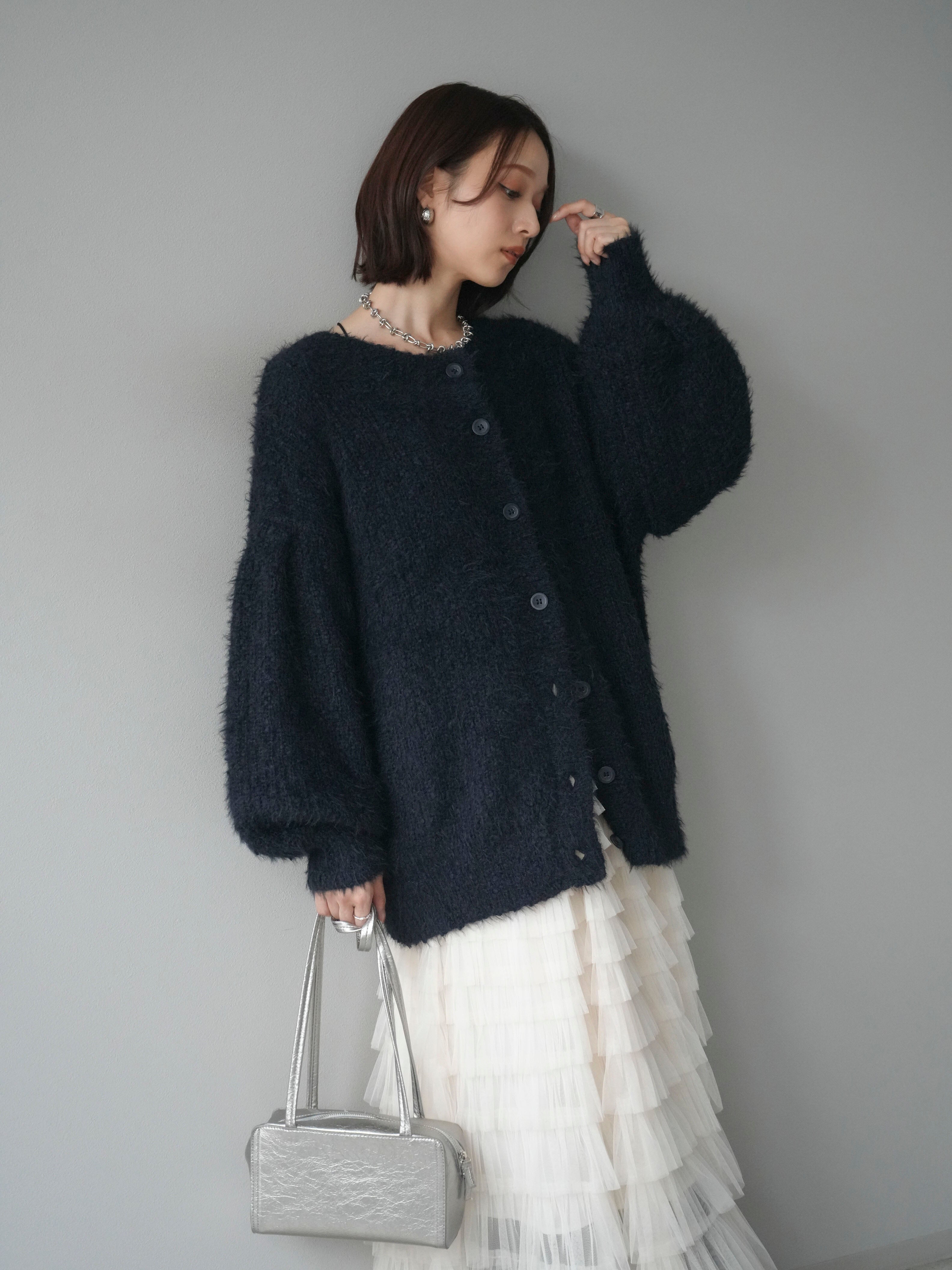 予約]クルーネックランダムシャギーカーディガン/ネイビー – Lumier