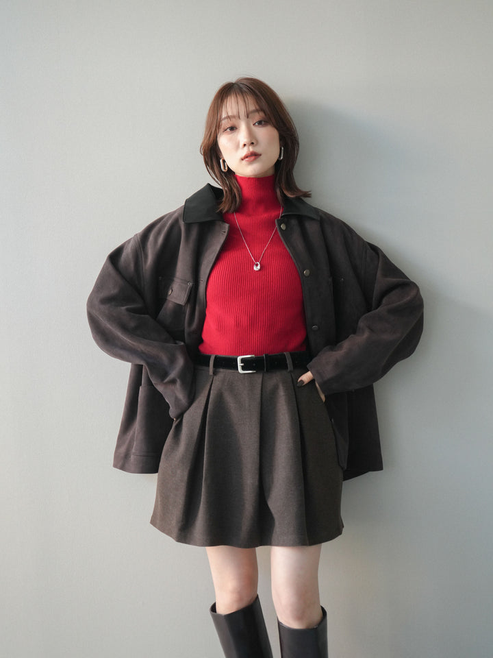 [SET]襟レザーステンカラースエードジャケット+袖ボタンボトルネックリブニットトップス+ベルト付きタックミニスカート(3set)