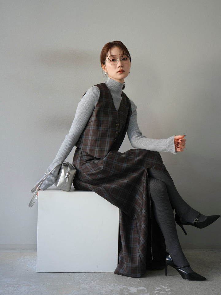 [予約]袖ボタンボトルネックリブニットトップス/杢グレー