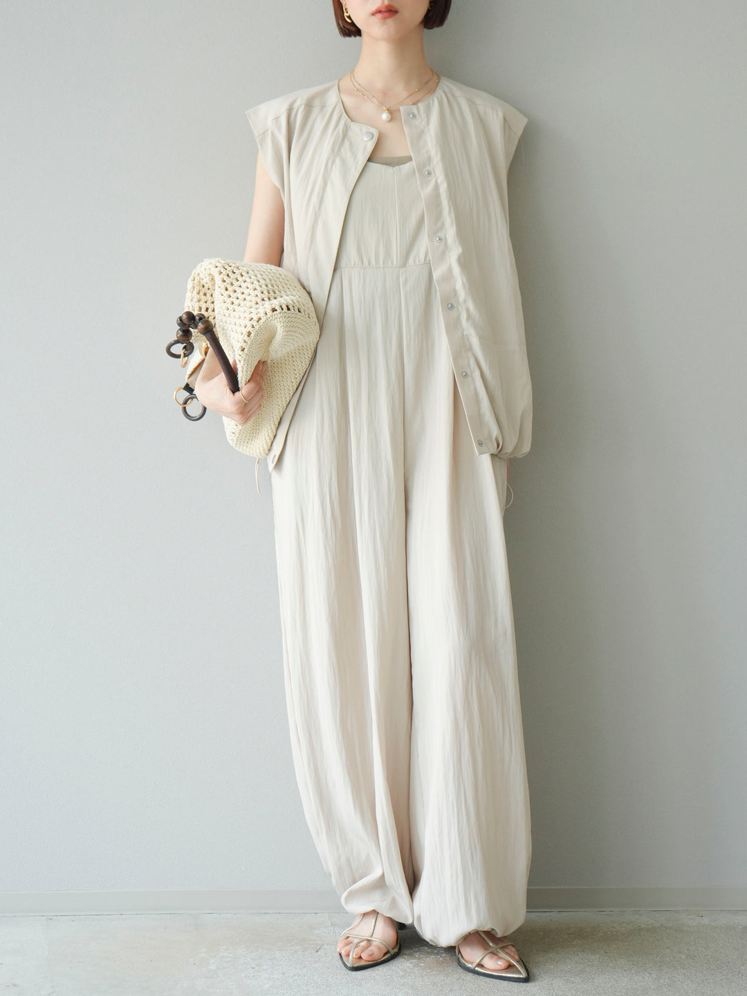 [SET]リネンライクビスチェデザインサロペット+リネンライクドロストバルーンブルゾン(2set)