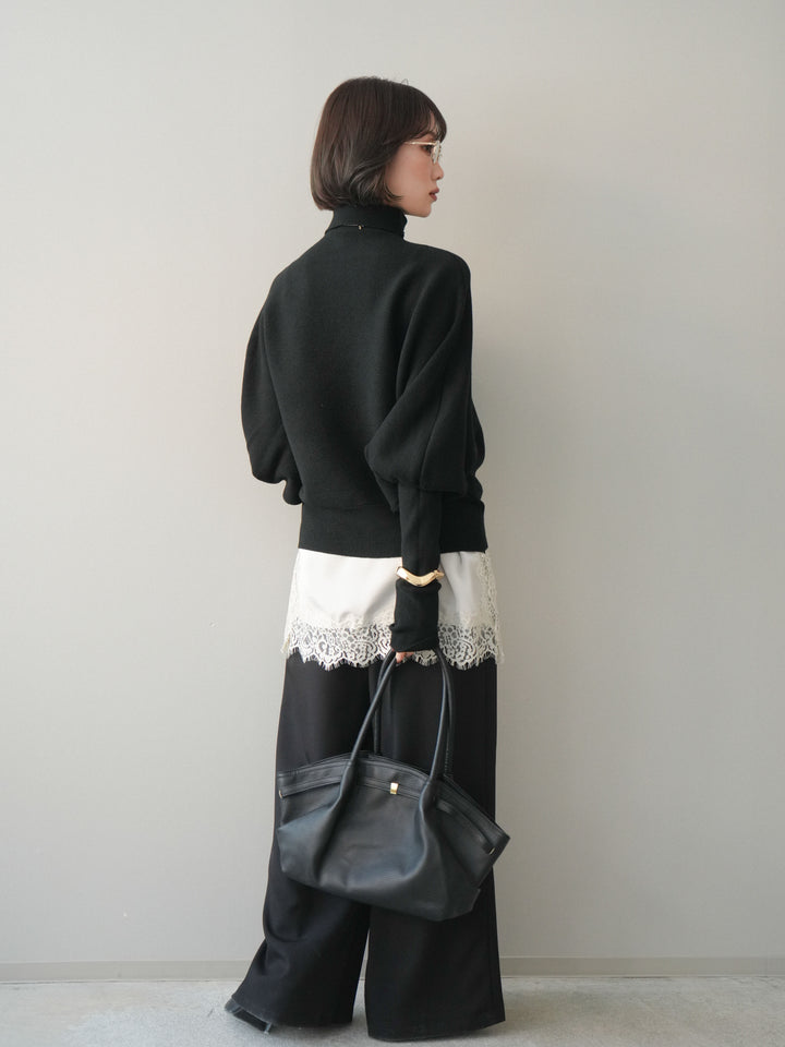 [予約]ウエストレースタックワイドパンツ/black