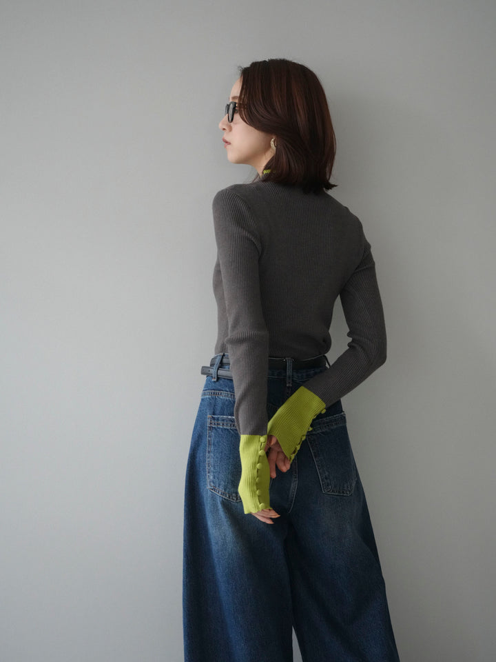 [SET]袖ボタンハイネック配色リブニットトップス+選べるアクセセット(2set)