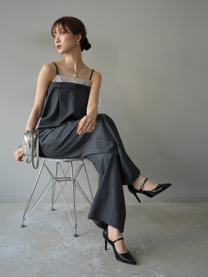 [予約]サテン切替ピンストライプサロペット/グレー
