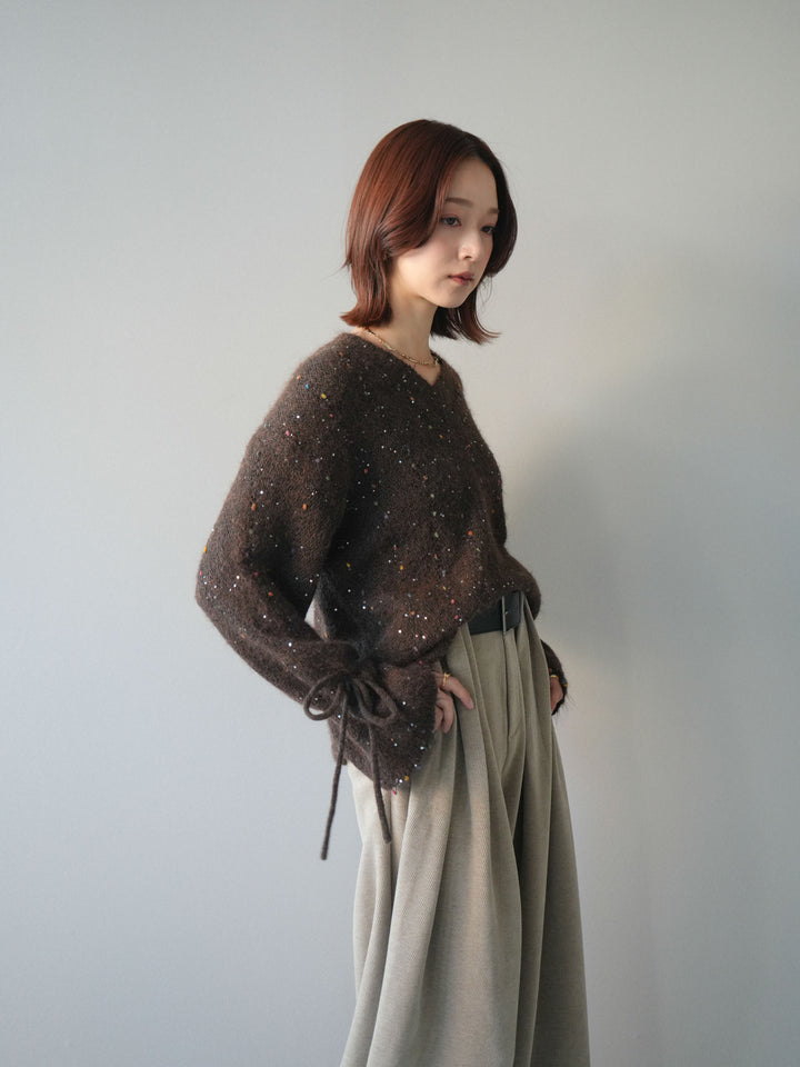 [SET]キャンディースリーブカラーネップスパンコールニットプルオーバー+ベルトデザインループコールテンワイドパンツ(ベルト付き)(2set)