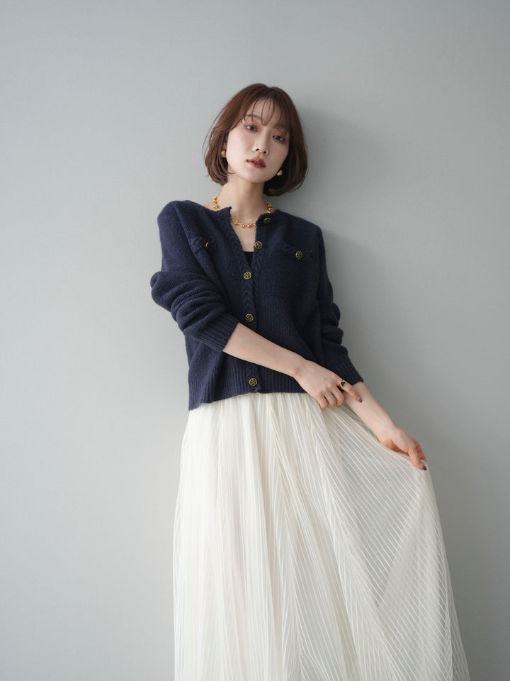 [SET]編みこみアンティークボタンニットカーディガン+チュールストライプボリュームスカート(2set)