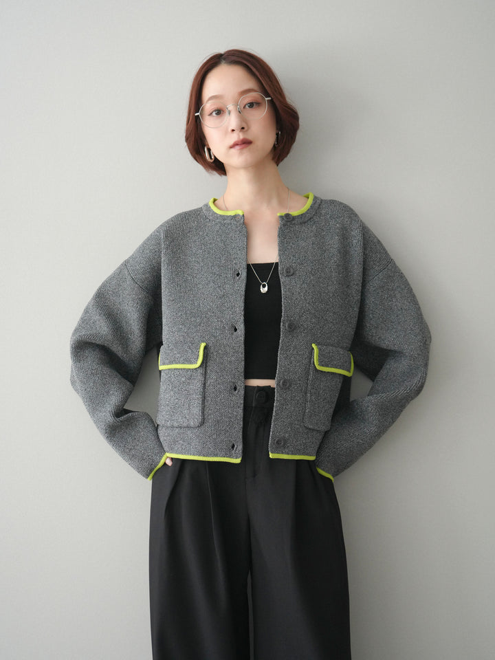 [SET]ポリエステル配色ニットカーディガン+ウエストレースタックワイドパンツ(2set)