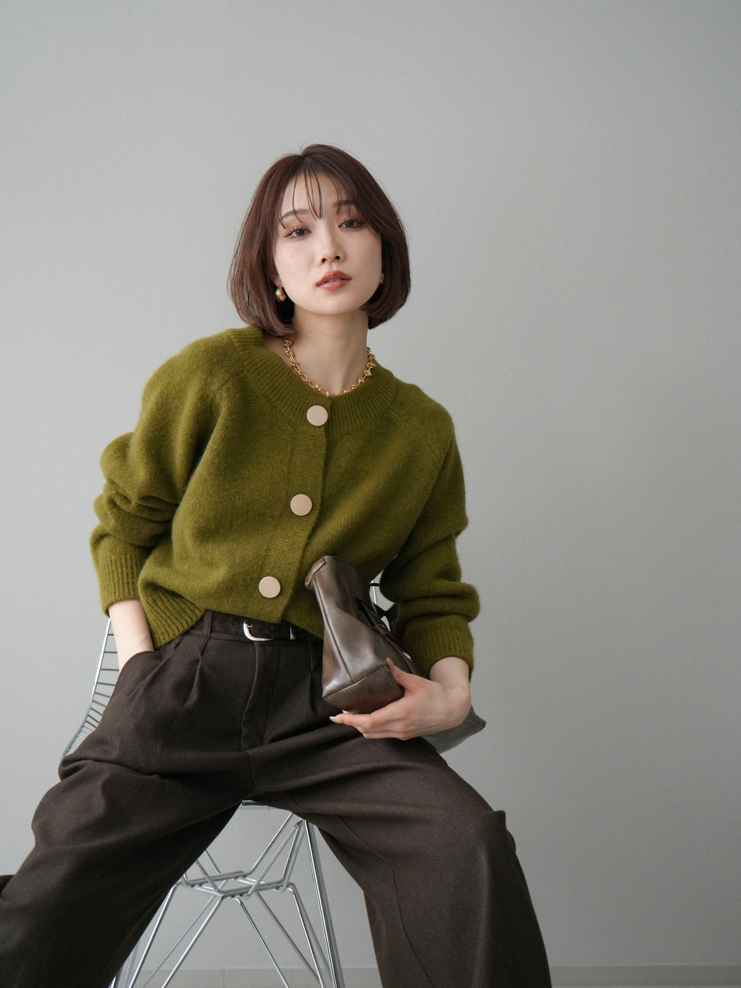 [SET]BIGボタンニットカーディガン+アニマル柄ベルト付きウールタッチワイドパンツ(2set)