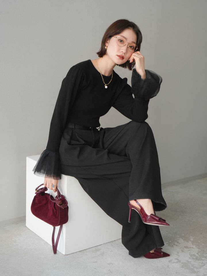 [SET]袖チュールパワショルリブニットトップス+選べるアクセセット(2set)