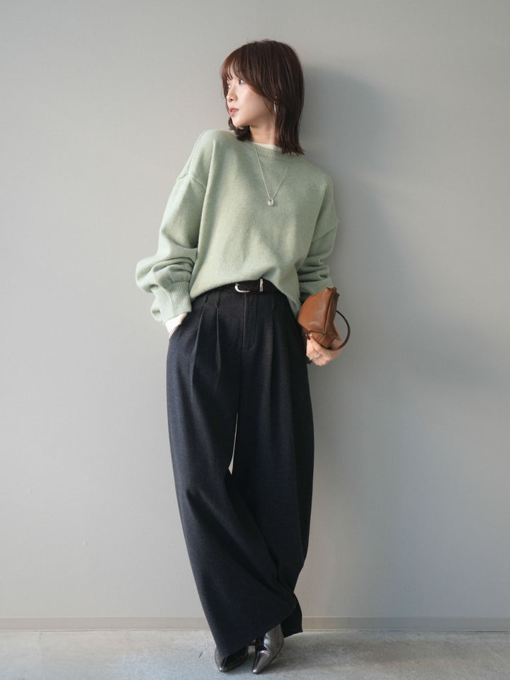 [予約]アニマル柄ベルト付きウールタッチワイドパンツ/charcoal