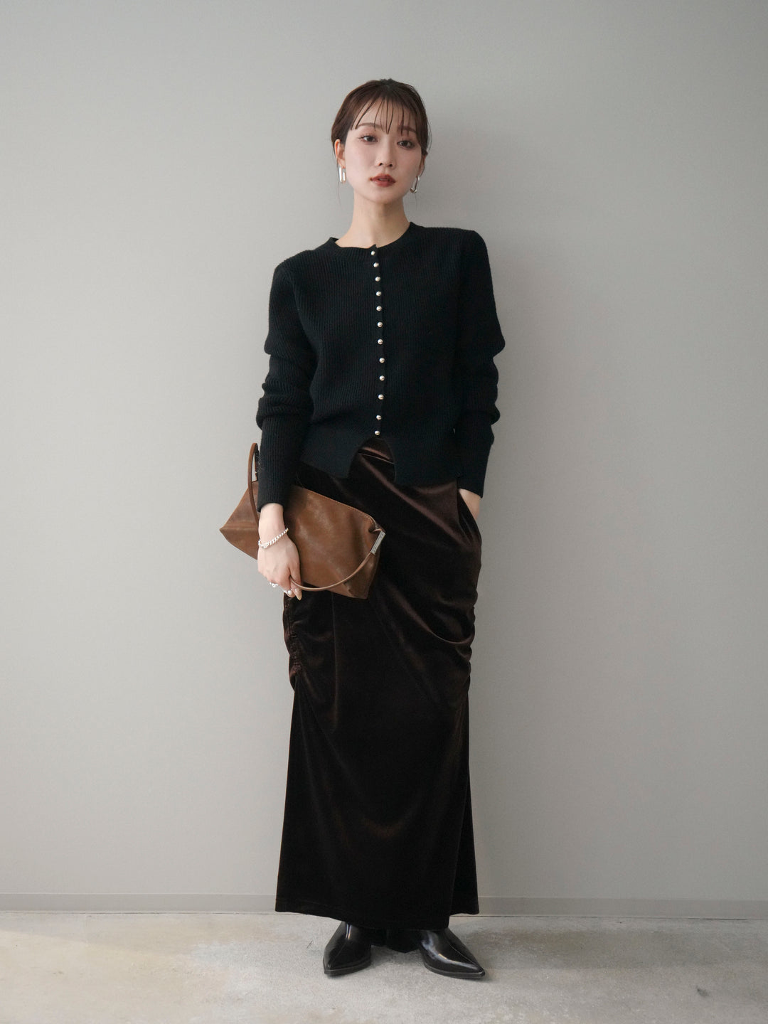 [予約]シルバーボタン畦編みニットカーディガン/black