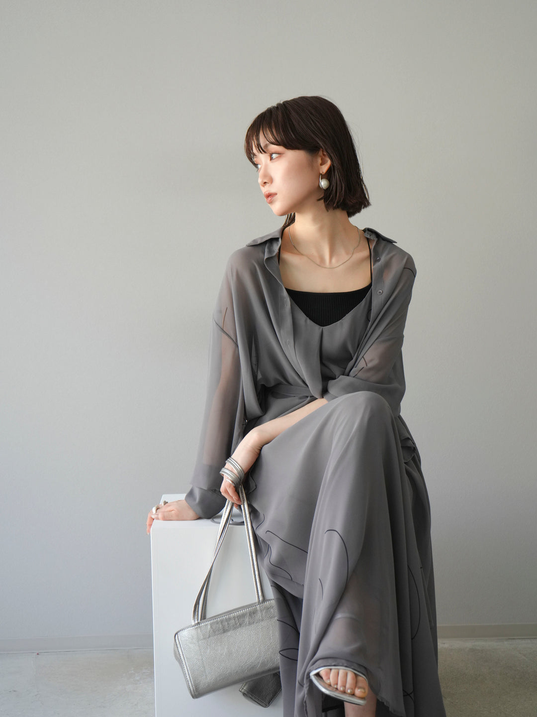 [SET]ペンタッチシフォンキャミワンピース+ペンタッチシフォンシャツ(2set)