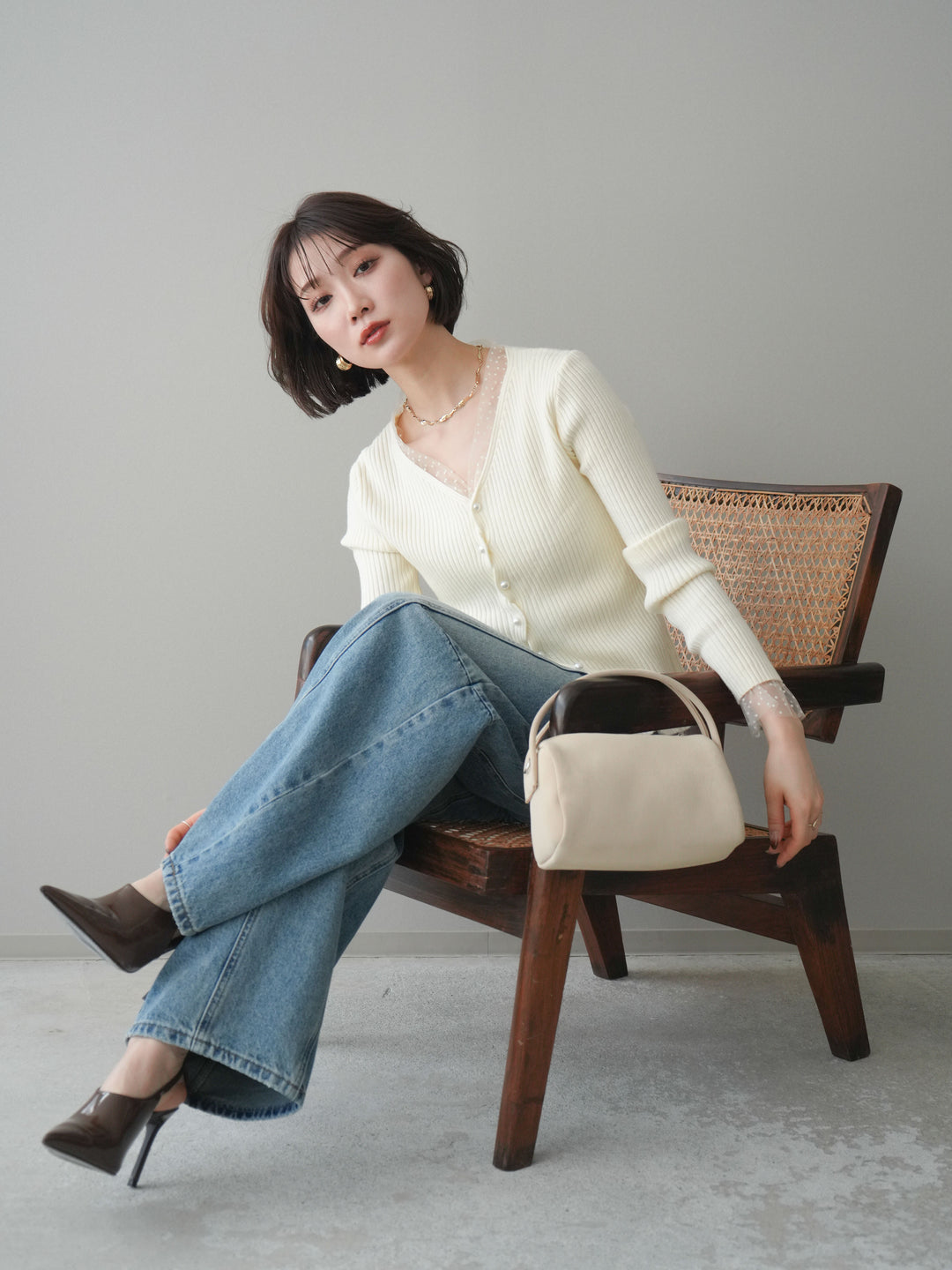 [予約]チュールドッキングパールボタンニットカーディガン/ivory