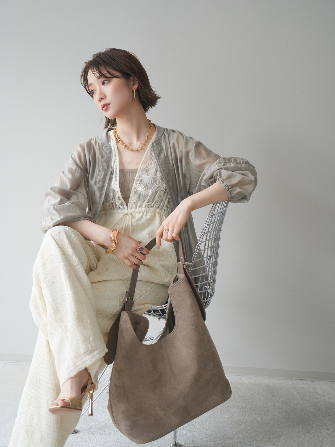 [SET]レース刺繍サロペット+ドロストシアーブルゾン(2set)