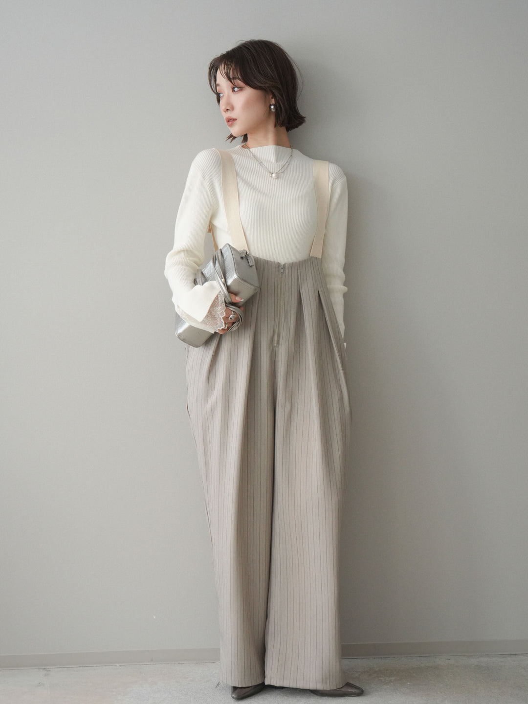 [SET]袖スカラップレースオフネックニットトップス+グログランテープストライプサロペット(2set)