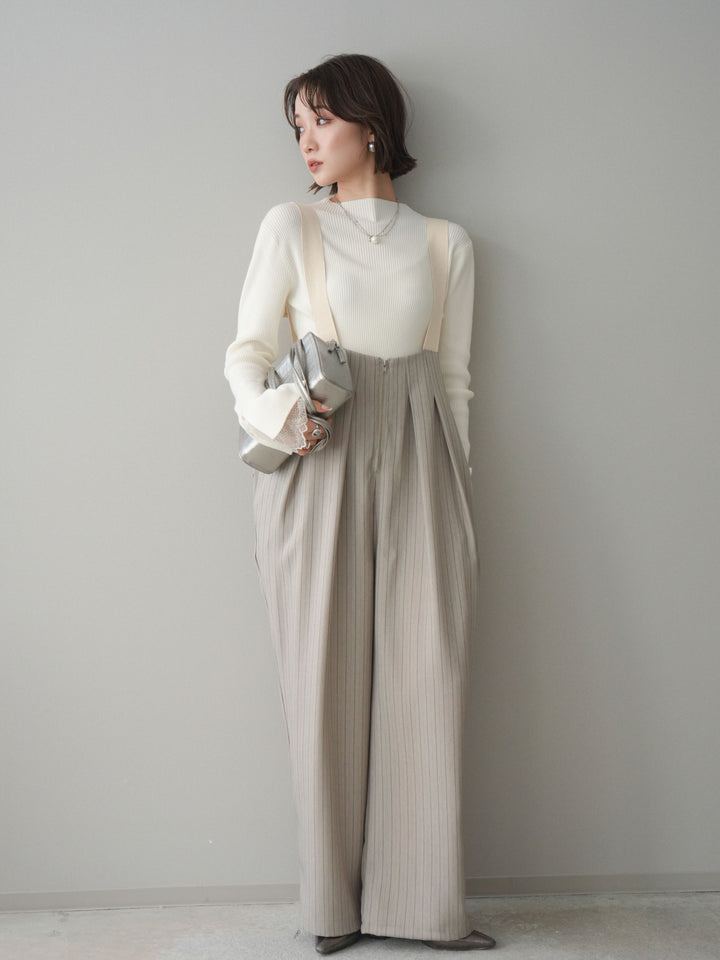 [SET]袖スカラップレースオフネックニットトップス+グログランテープストライプサロペット(2set)