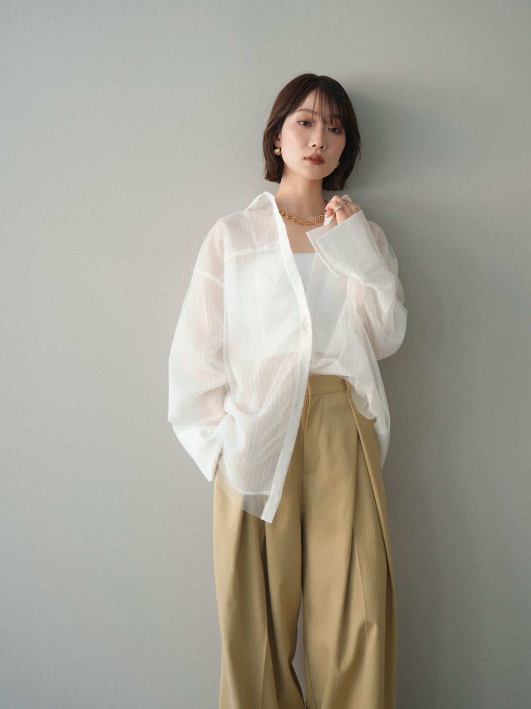 [予約]チュールレイヤードストライプシアーシャツ/offwhite
