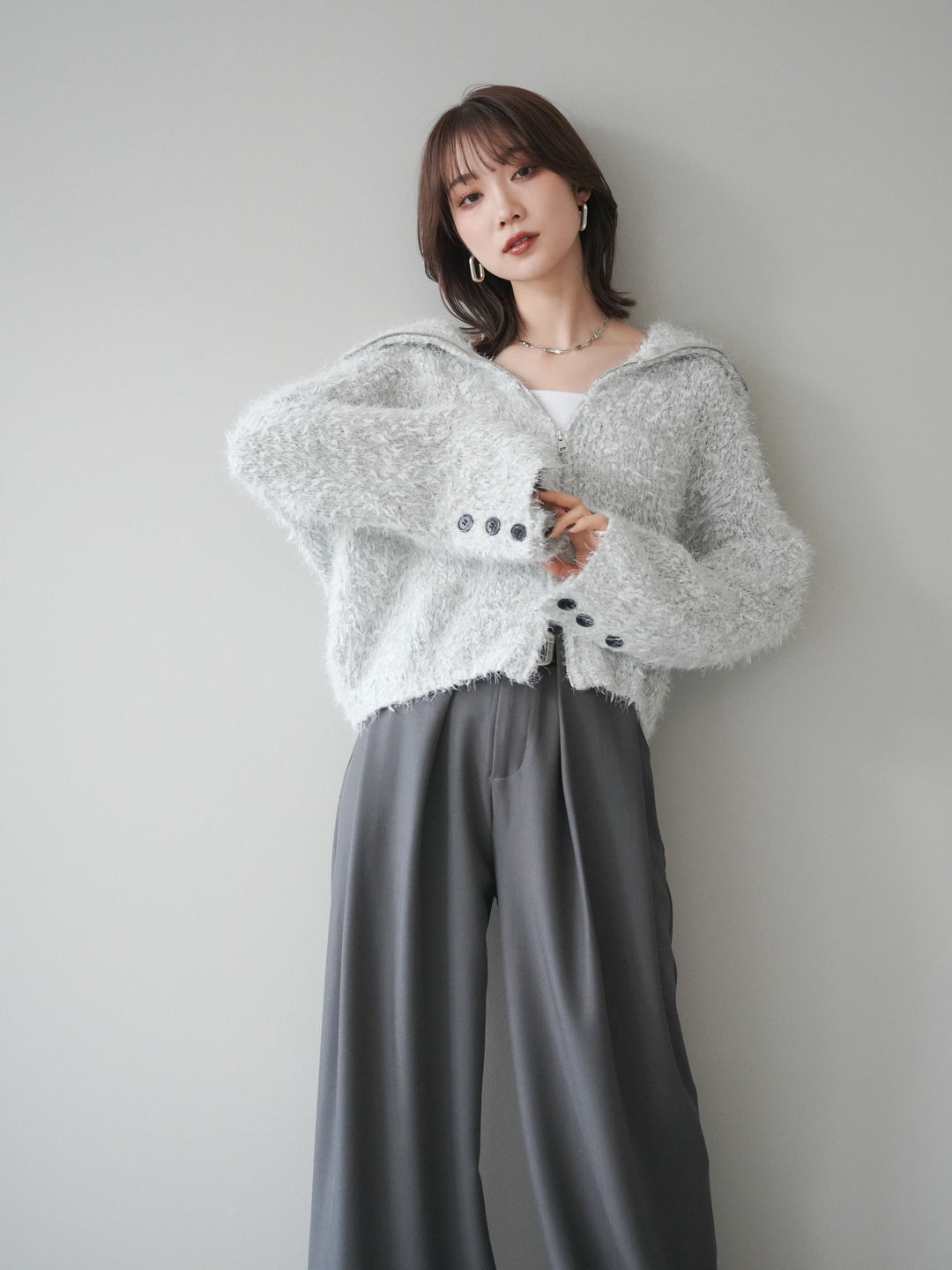 [予約]ミックスシャギージップニットカーディガン/ivory